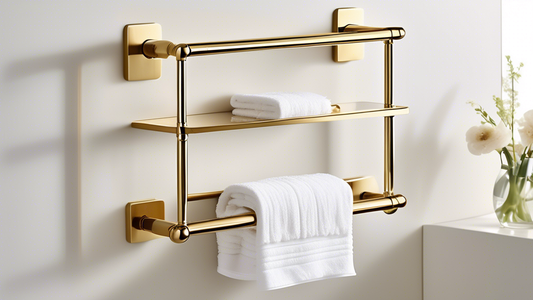 An elegant bathroom featuring a luxurious brass towel bar with an integrated shelf, seamlessly blending functionality and style. The polished brass finish exudes warmth and sophistication, while the s