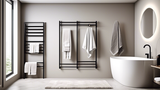 A modern bathroom with a sleek towel drying rack installed on the wall. The rack has multiple bars for hanging towels, and it is designed to keep towels dry and fresh. The bathroom is well-lit and has