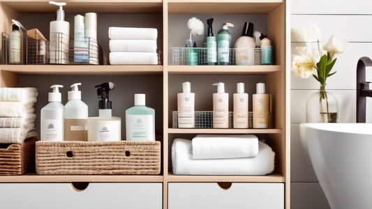 An organized bathroom under-sink space with various storage solutions, including shelves, drawers, and baskets, for storing toiletries, cleaning supplies, and other bathroom essentials, with a focus o