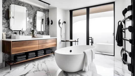 An elegant bathroom featuring a variety of stylish towel racks. The racks are made from different materials, including wood, metal, and glass, and come in a variety of shapes and sizes. The bathroom i