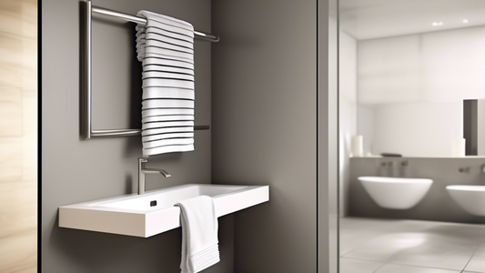 A sleek and modern stainless steel towel holder mounted on a wall in a contemporary bathroom. The holder should have a minimalist design with clean lines and a brushed finish. The focus of the image s