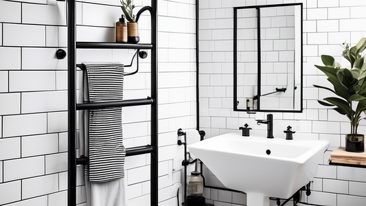 A sleek and modern bathroom featuring a cast iron towel rack mounted on a wall with white subway tiles. The towel rack has three tiers for hanging towels, and it features a matte black finish. The bat