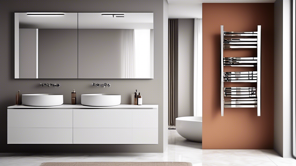 A minimalist bathroom with sleek chrome towel rack featuring multiple bars for hanging towels neatly, along with a modern sink and mirror, creating a hygienic and efficient space.