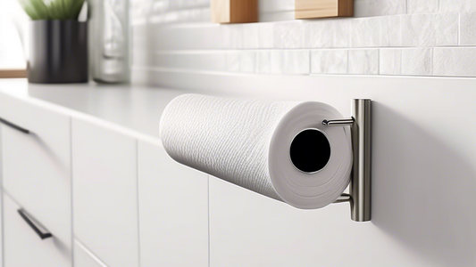 A stainless steel paper towel holder, mounted on a kitchen wall next to a sink. The holder is sleek and modern, with a brushed finish. It has a weighted base to prevent it from tipping over.