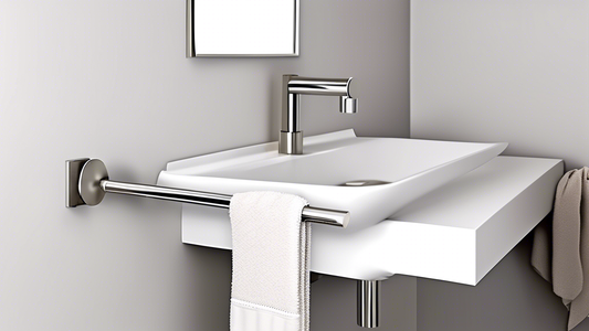 A modern bathroom basin with a towel holder that is made of brushed nickel and has a sleek, contemporary design. The towel holder is mounted on the wall above the basin and has two arms that extend ou