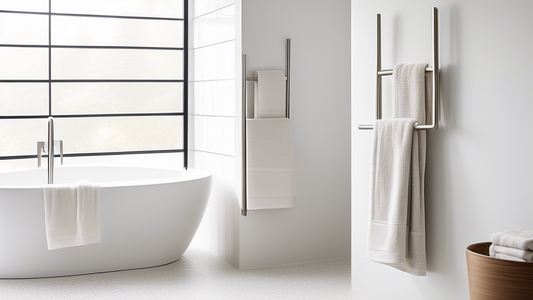 A minimalist bathroom interior featuring a brushed nickel towel bar mounted on a white tiled wall. The towel bar has a sleek, modern design with clean lines and a brushed nickel finish. A white towel 
