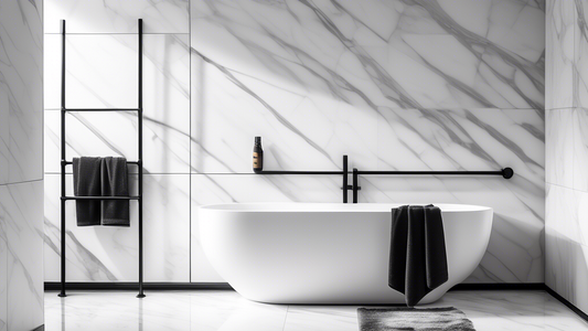 A sleek and modern black towel bar mounted on a white marble wall, casting shadows against the surface in a bathroom with minimalistic decor. The towel bar is made of matte black metal and has a simpl