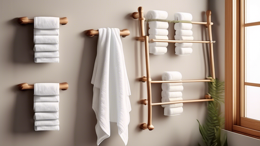 A set of towel racks in various shapes and sizes, mounted on a wall, each holding a fluffy towel. The towels are different colors and textures, and the racks are made of different materials, such as w