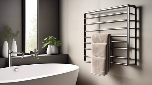 A sleek and sturdy metal towel rack, wall-mounted in a modern bathroom. The rack features multiple bars to accommodate different sizes of towels, and a brushed finish for a touch of elegance. The rack