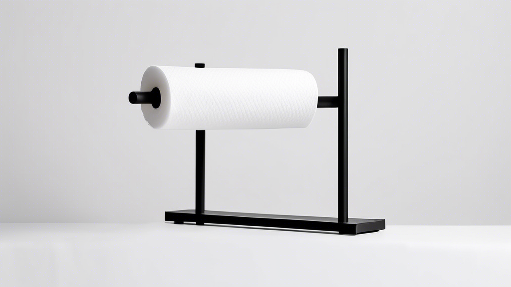 A sleek and stylish matte black paper towel holder that is modern and minimalist in design. It is freestanding and has a weighted base to prevent it from tipping over. The holder is made of durable st