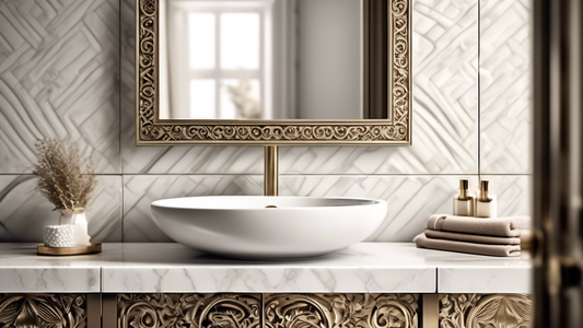 High-resolution image of a luxurious square towel bar with intricate engravings and a polished surface. It should be mounted on a pristine white tile wall. Bathroom vanity sink in the background.
