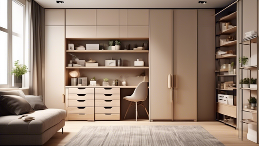 High-quality photorealistic image of a small room with efficient storage solutions that maximize space utilization, featuring compact cabinets, shelves, drawers, and organizers in a modern and minimal