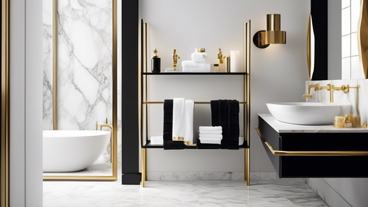 An elegant bathroom with marble and gold accents. A plush white towel hangs on a sleek black Kohler towel shelf that is mounted on the wall. The shelf is sleek and modern, perfectly complementing the 