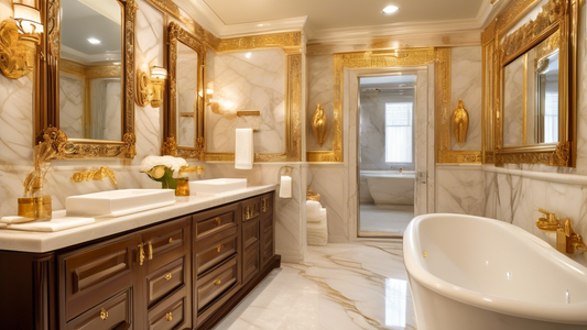 A luxurious bathroom with a gleaming gold towel bar mounted on a marble wall. The towel bar is adorned with intricate carvings and has a warm, inviting glow. Soft, fluffy towels hang from the bar, add