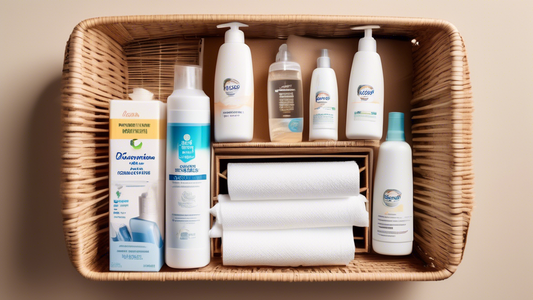 A variety of common essential items neatly organized inside a woven paper towel basket, including a roll of paper towels, a bottle of disinfectant, a box of tissues, a tube of hand lotion, and a pack 
