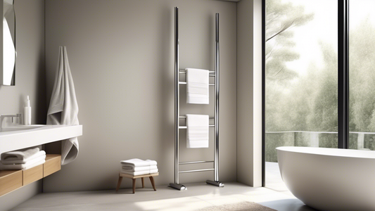 A modern bathroom featuring a sleek, freestanding towel rack in the corner, with ample space for hanging towels. The rack has a minimalist design with clean lines and a polished metal finish. The towe