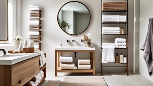 A visually appealing and organized bathroom with an array of neatly hung and folded towels, such as bath towels, hand towels, and washcloths, as well as shelves adorned with essential towel accessorie