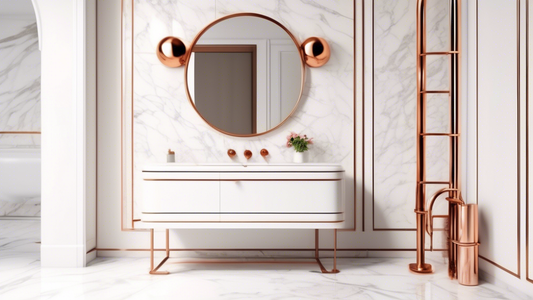 An elegant bathroom with a copper towel bar mounted on a white marble wall. The towel bar has intricate detailing and a polished finish. The bathroom is otherwise minimalist, with white walls and a wh