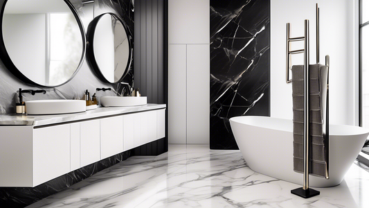 An array of modern stainless steel towel bars in various styles and finishes, from matte black to polished chrome, seamlessly integrated into elegant bathroom designs featuring marble countertops, til