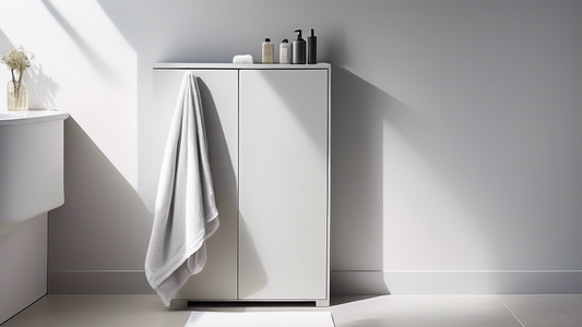 A minimalistic bathroom cupboard with a single white towel hanging from a chrome bar. The cupboard is painted a light grey and has a clean, modern look. The towel is fluffy and inviting, and the overa