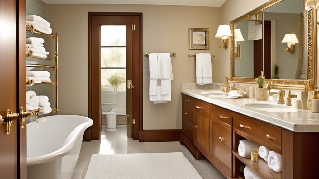 Generate an image of an elegant bathroom featuring a variety of towel bars. The towel bars should be made of different materials, such as chrome, brass, and gold. The bars should be placed in differen