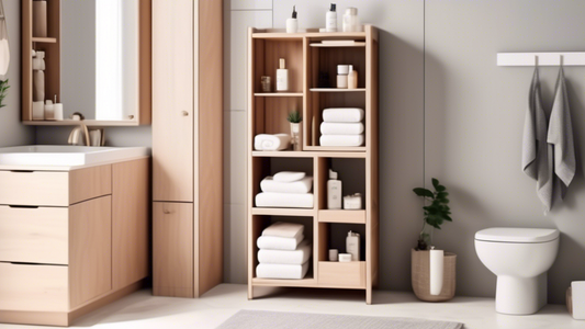 A minimalist, aesthetically pleasing bathroom cabinet organizer with adjustable shelves, drawers, and compartments, designed to maximize storage space and enhance the overall style of the bathroom.