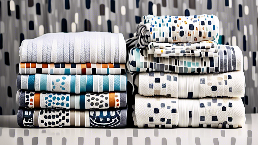 A stack of neatly rolled towels in a variety of colors, each with a different unique pattern or design, such as stripes, polka dots, or geometric shapes. The towels are stacked vertically, with the to