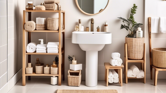 A variety of bathroom organizers in different shapes and sizes, such as baskets, shelves, and drawers, placed in a bathroom. The organizers are filled with toiletries and other bathroom essentials, an