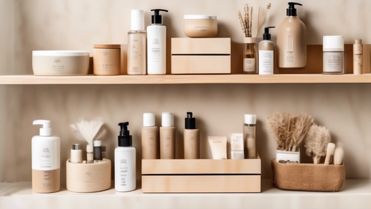 A bathroom shelf organized with different boxes, drawers, and containers, all in neutral tones, with toiletries and other bathroom essentials neatly arranged inside. The shelf is made of sustainable m