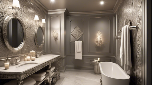 An elegant bathroom with a silver towel holder mounted on the wall, featuring intricate designs and a polished finish, reflecting the soft glow of the ambient light. The towel holder is paired with ma