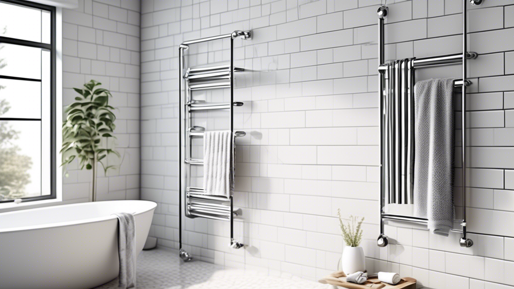 A modern bathroom with a wall-mounted towel rack featuring a sleek chrome finish. The rack has multiple bars for hanging towels and washcloths, and it is mounted on a white wall with gray grout lines.