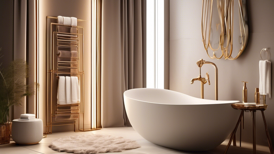 An elegant and modern bathroom featuring a freestanding towel rack with intricate details and warm lighting, showcasing the elevated style and functionality of the accessory.