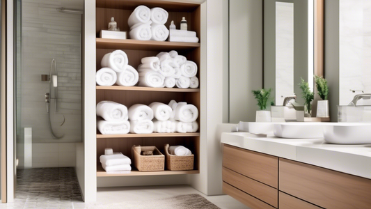 An organized bathroom with ample storage space for towels, featuring shelves, baskets, hooks, and drawers in a sleek and elegant design, maximizing space and keeping towels within easy reach.