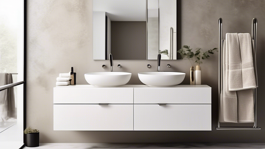 A minimalist and modern bathroom featuring well-coordinated bath towel bars. The hand towel bar is placed by the sink, with the longer bath towel bar mounted parallel to it, both at an easily accessib