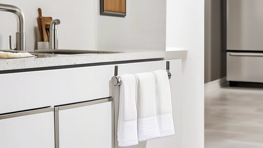 A modern kitchen with white cabinets and a stainless steel cabinet-mounted towel bar. The towel bar is positioned to the right of the sink and is holding a white hand towel. The kitchen is well-lit an