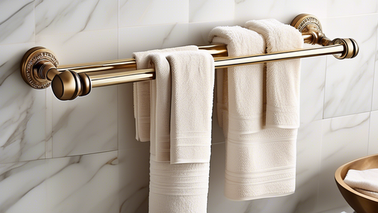 A collection of stylish bath towel bar sets in various designs, materials, and finishes, arranged in a chic bathroom setting. Include a variety of towel bar styles, such as single-bar, double-bar, and