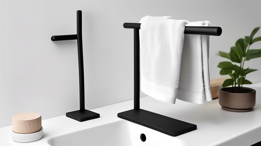 A minimalist free standing hand towel holder with a matte black finish and a weighted base for stability. Place it next to the sink or bathtub for easy access to a clean towel.