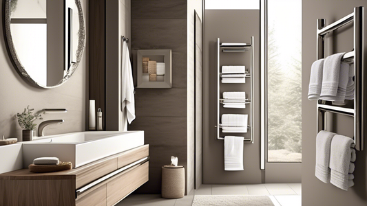 Generate an image of a modern bathroom with luxurious towel bars. The bars are designed with clean lines and geometric shapes, and they come in a variety of materials, including brushed nickel, chrome