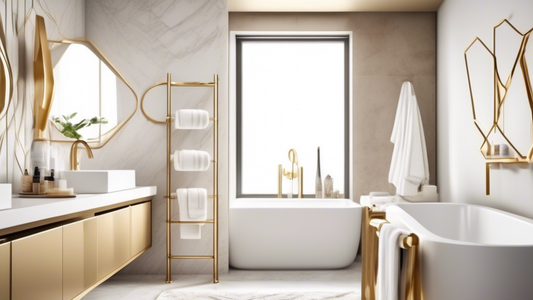 A stylish and modern bathroom with a focus on the towel rack. The towel rack is made of gold and has a geometric design. It is mounted on the wall above the sink and holds several towels. The towels a