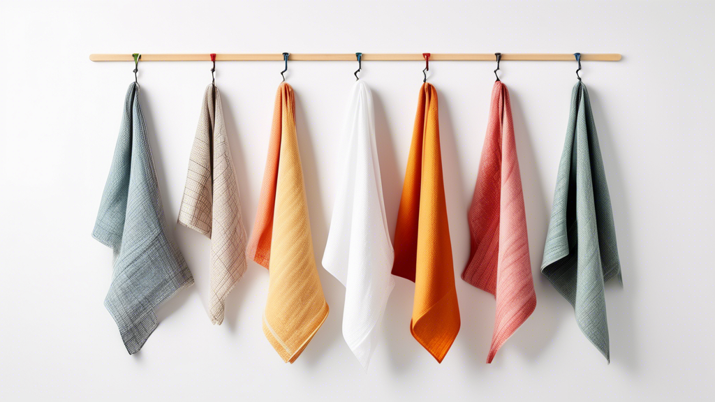An assortment of tea towel hangers, arranged on a white background, photographed from above