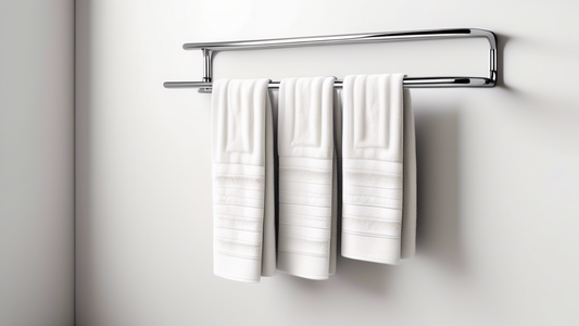 Intricate metal foldable towel rack, minimalist design, mounted on a white bathroom wall, with soft fluffy white towels hanging from it, perspective view, soft natural light, high detail