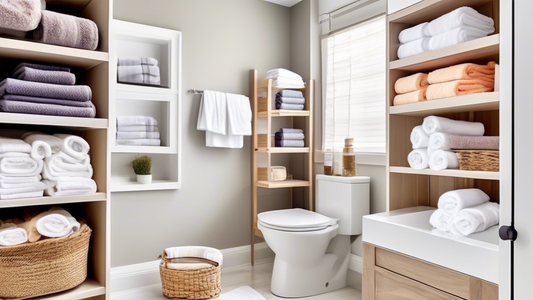 An organized bathroom with neatly folded towels stored in various styles, including hanging on racks, stacked in baskets, and tucked away in drawers. The towels are arranged in a visually appealing an