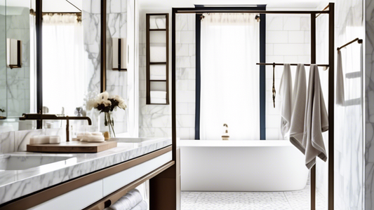 A freestanding bronze towel rack with three horizontal bars standing upright in a bathroom with white marble tile, a white vanity, and a large mirror. The bathroom has a window that lets in natural li