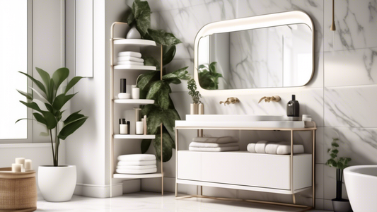 An elegant, minimalist white bathroom organizer with a sleek, curved design, featuring adjustable shelves and drawers for efficient storage and organization. The stand is placed in a chic, contemporar