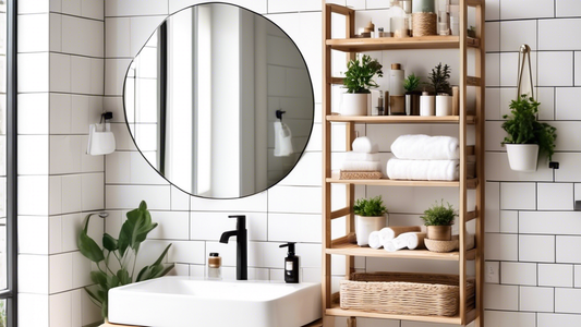 A minimalist bathroom showcasing an IKEA bathroom rack. The rack is made of natural wood and has multiple shelves and drawers for storage. The rack is mounted on the wall above the sink and houses toi