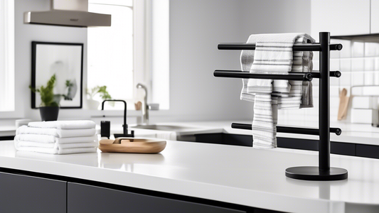 A modern kitchen with white cabinets and a black island. In the foreground is a kitchen towel drying rack that has three levels of drying space. The towel rack is placed on the counter next to the sin