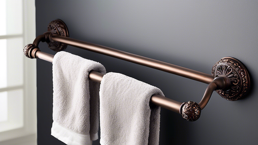 Luxurious and corrosion-resistant oil rubbed bronze double towel bar mounted on a gray wall with intricate carvings.