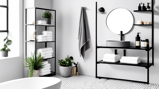 A black metal shelf and towel bar in a minimalist bathroom with white walls and a gray floor. The shelf is holding a variety of bathroom accessories, including soap, shampoo, conditioner, and a plant.