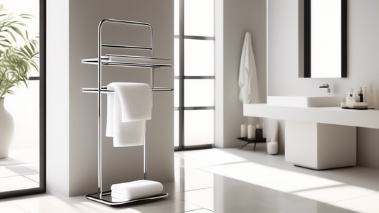 A modern and elegant towel stand in a bathroom, with white towels stacked neatly on the shelves. The stand is made of polished metal, with a simple yet stylish design. The bathroom is spacious and wel