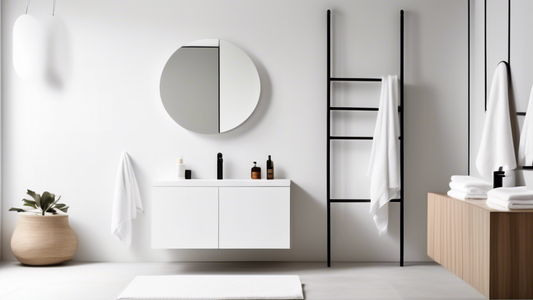 A minimalist bathroom with white walls and a sleek vanity. A series of white bath towels are hung neatly on a towel rack mounted on the wall, creating a clean and organized appearance. The towels are 